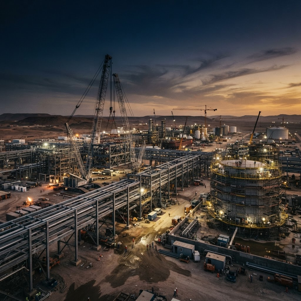 Industrial construction site with cranes and pipe racks