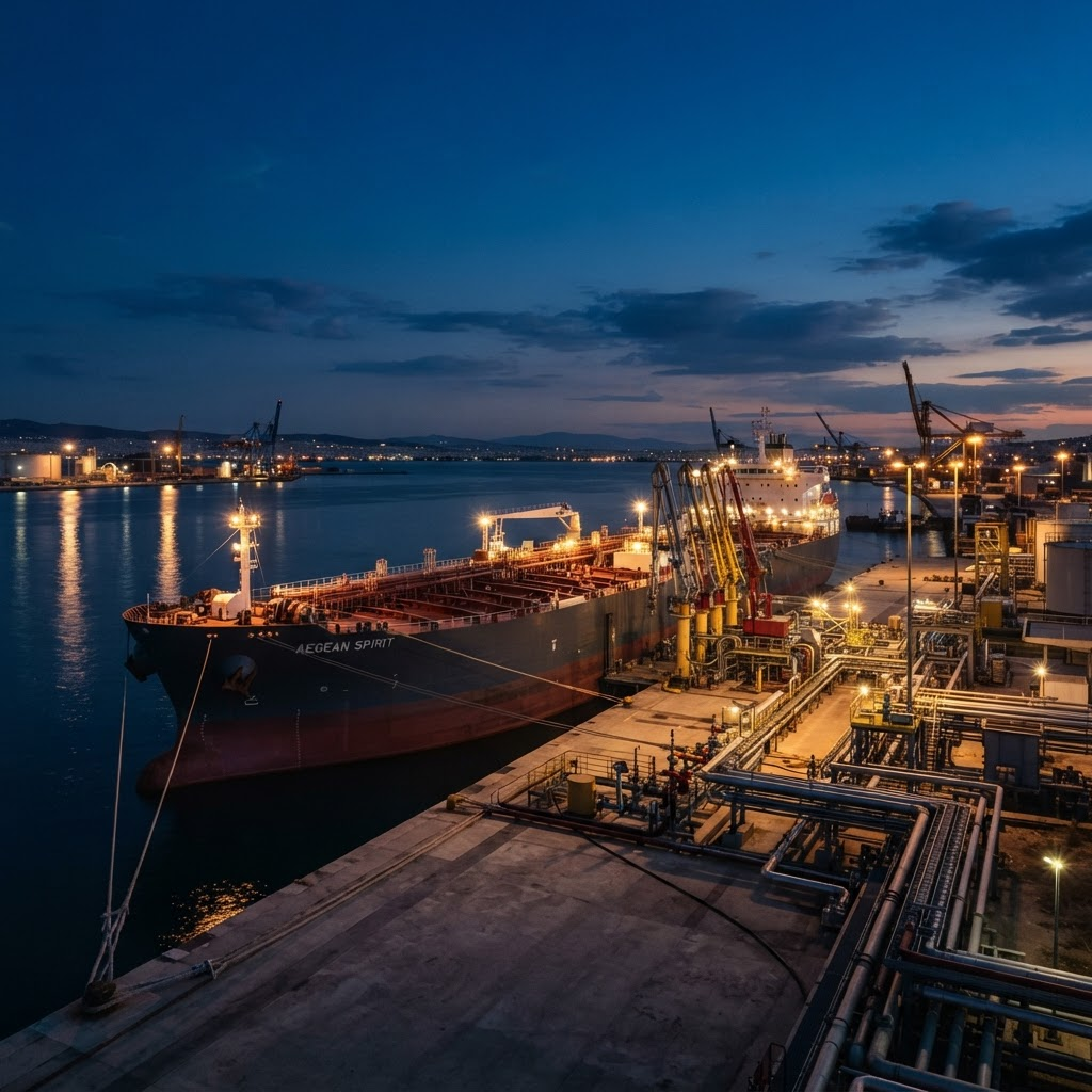 Product tanker at a port terminal at dusk
