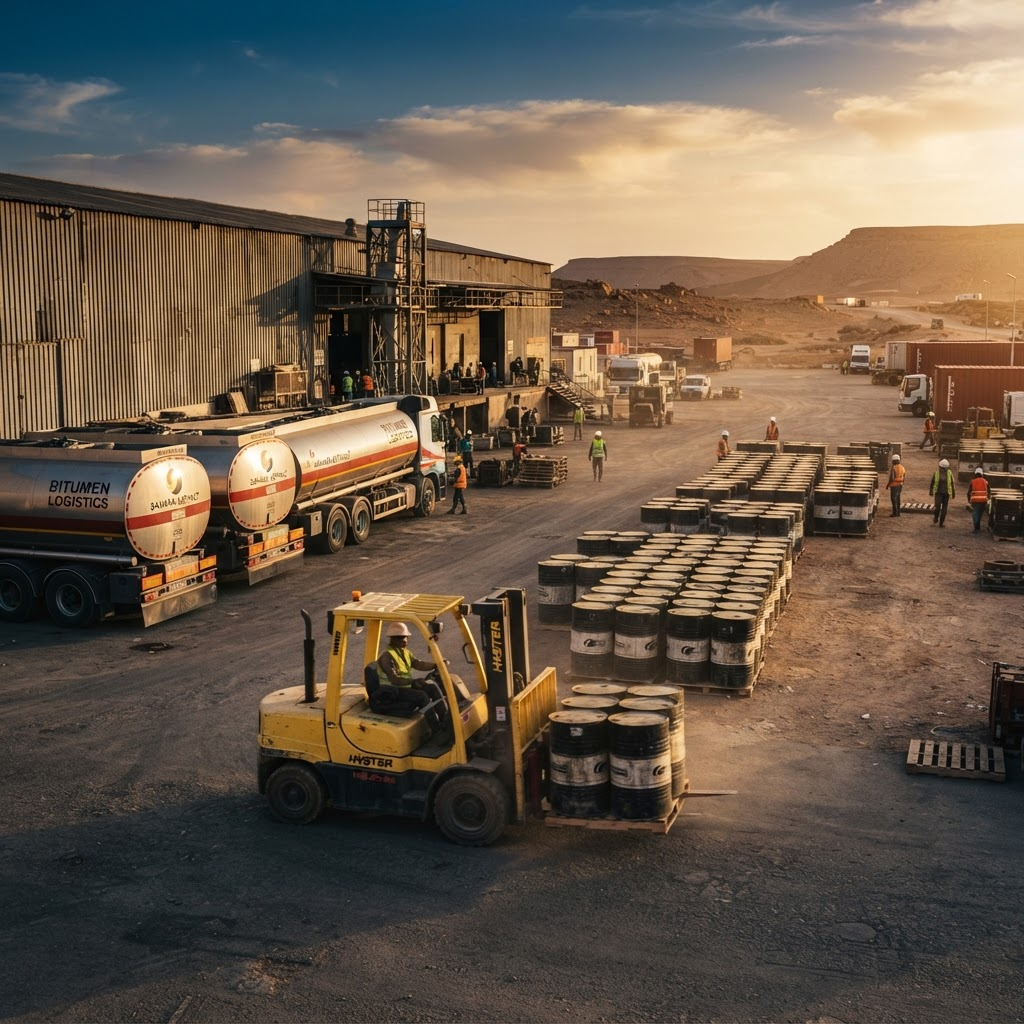 Industrial logistics yard with warehouse and tankers